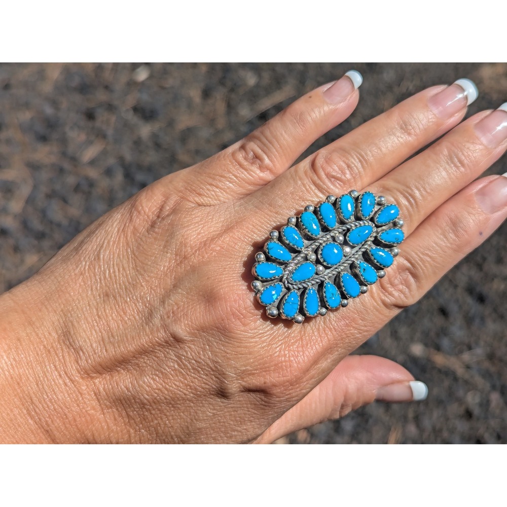 Navajo Turquoise Cluster Ring Native American Sterling Silver Jewelry Sz 8.5 ** - Picture 3 of 7